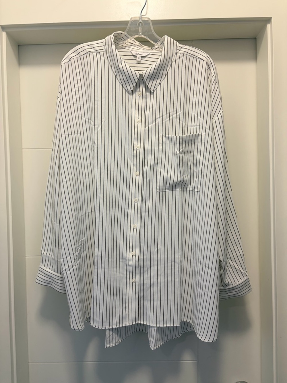 Reitmans White Button-Down Shirt with Black Pinstripes